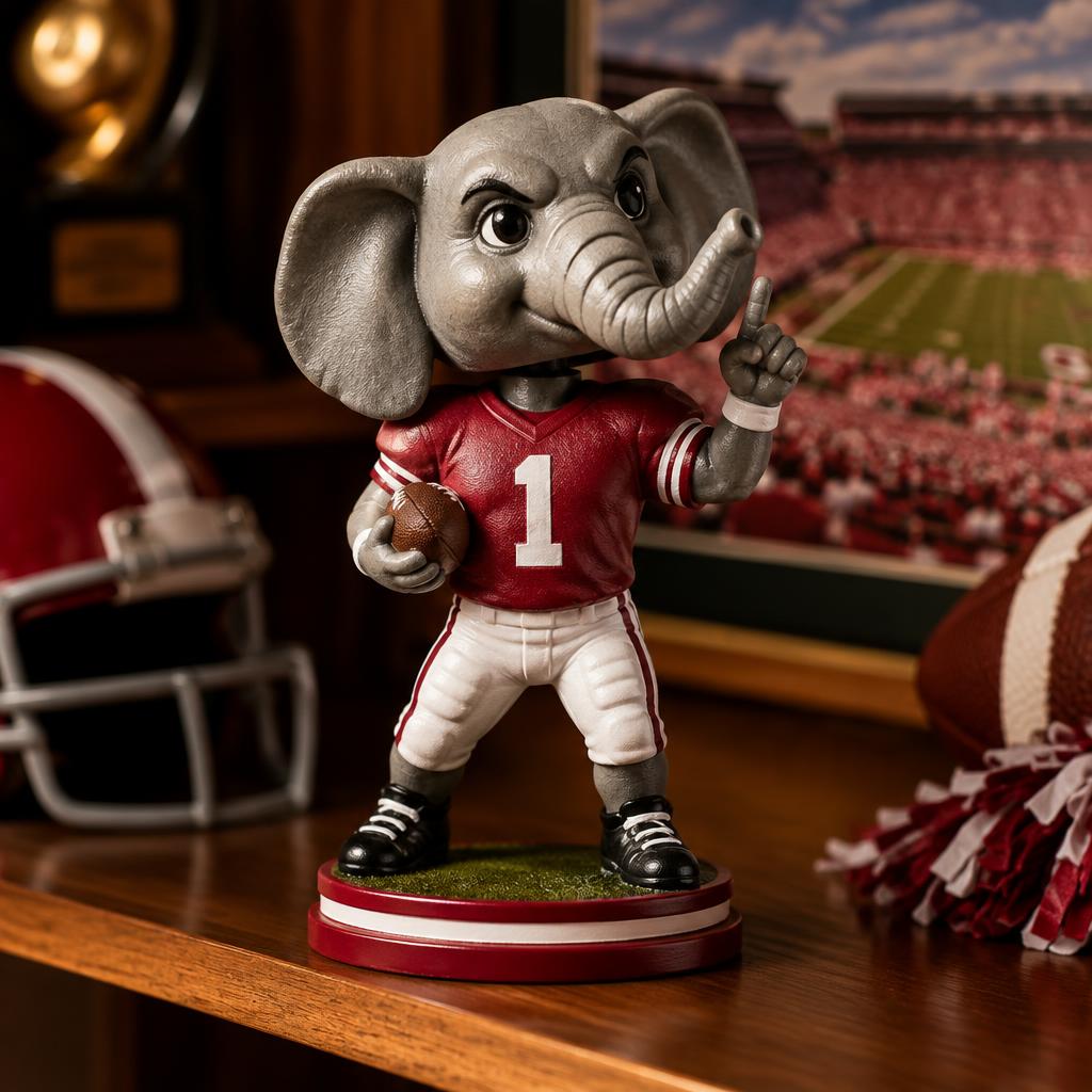 Crimson football mascot bobblehead figurine on a shelf