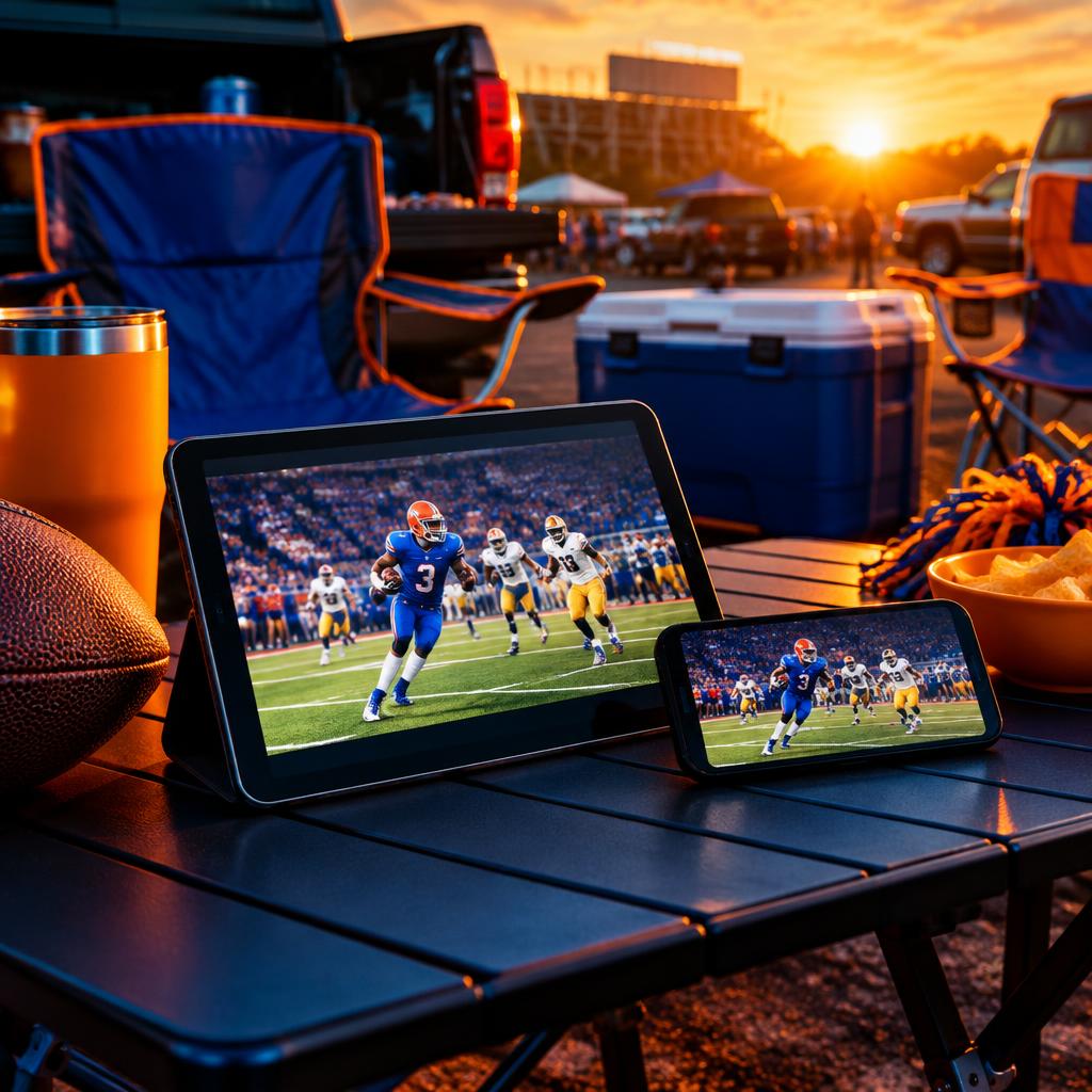 Tablet and phone streaming a football game at a tailgate party